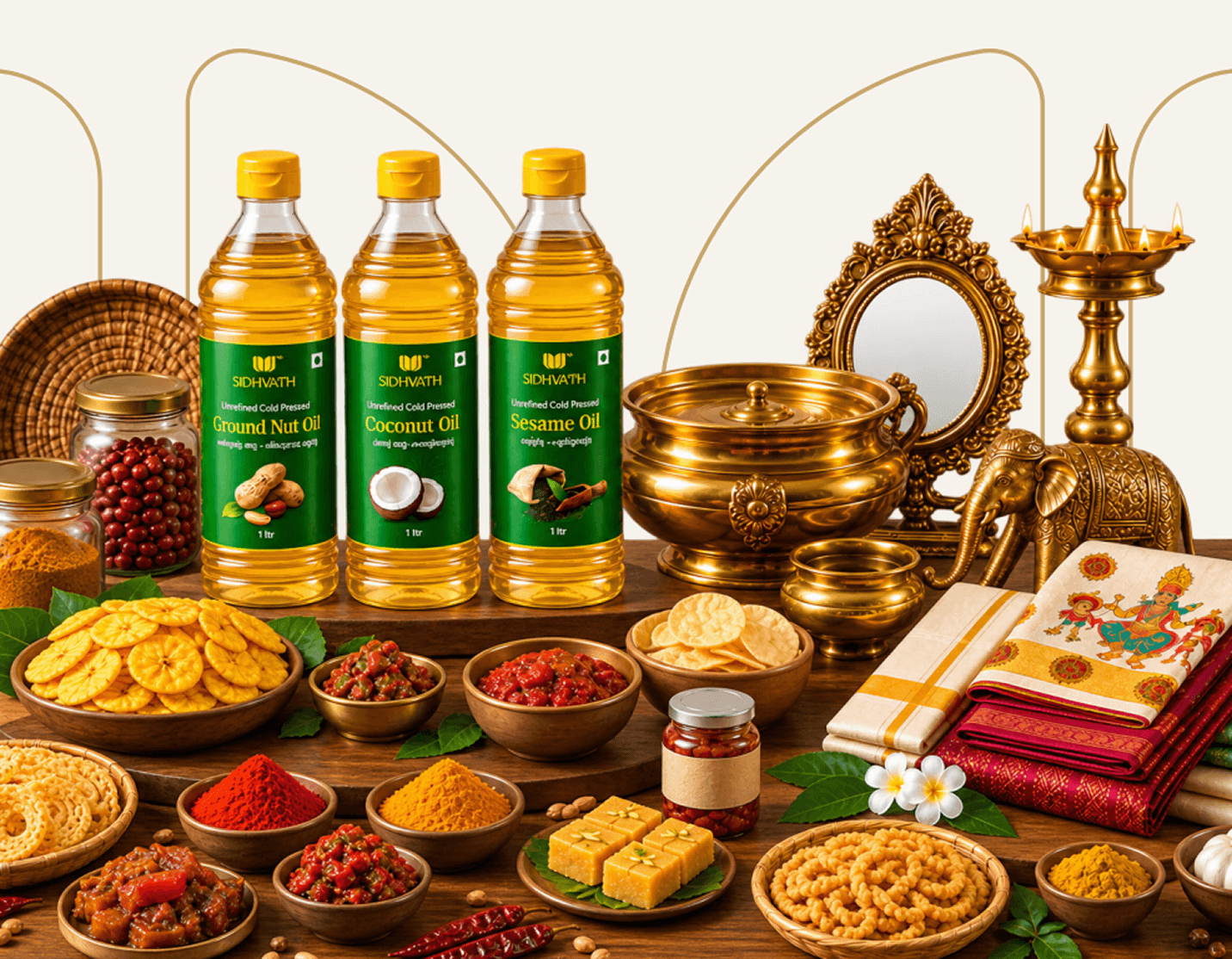 Sidhvaith oils, spices, snacks, and heritage brass décor arranged together