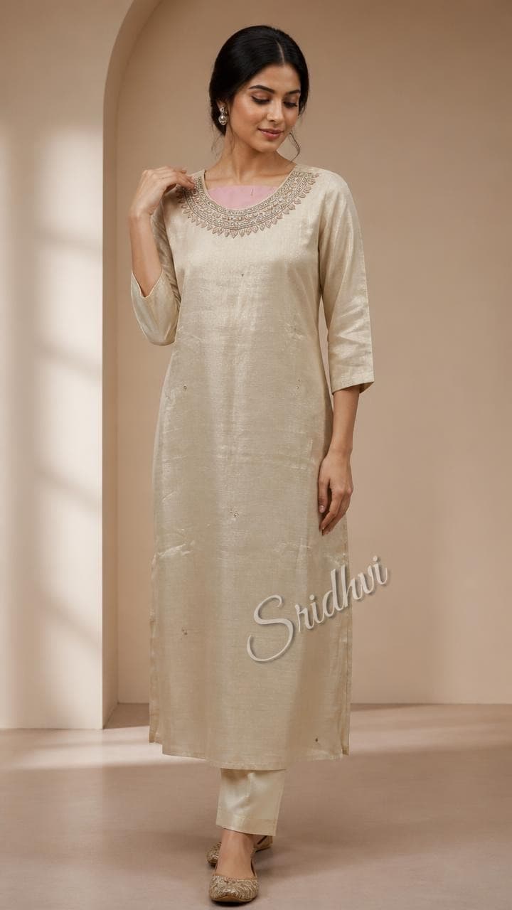 Woman in an embroidered ivory kurta set