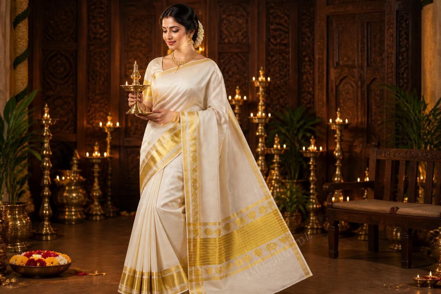 Woman in a cream and gold Kasavu saree holding a traditional lamp