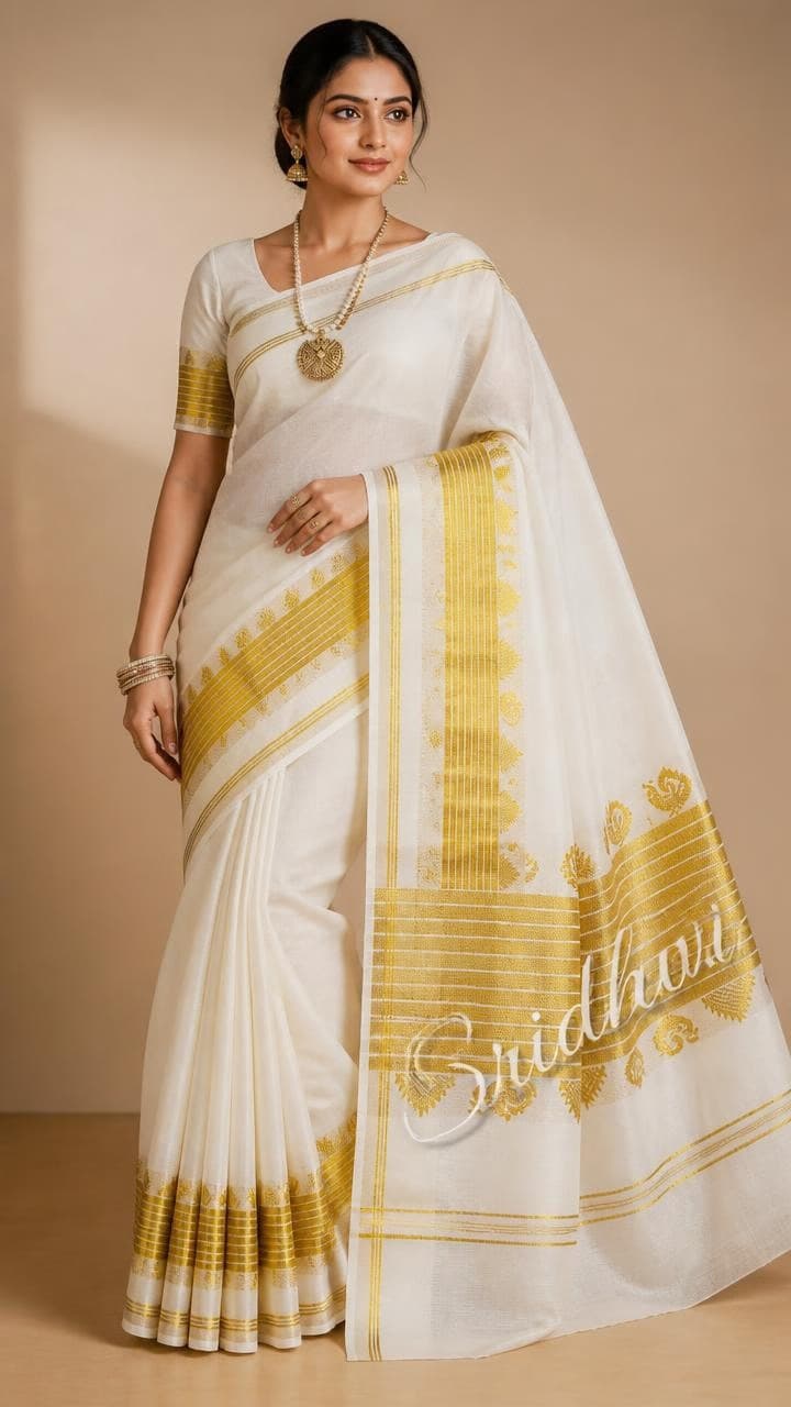 Woman in a white Kasavu saree with gold temple motifs