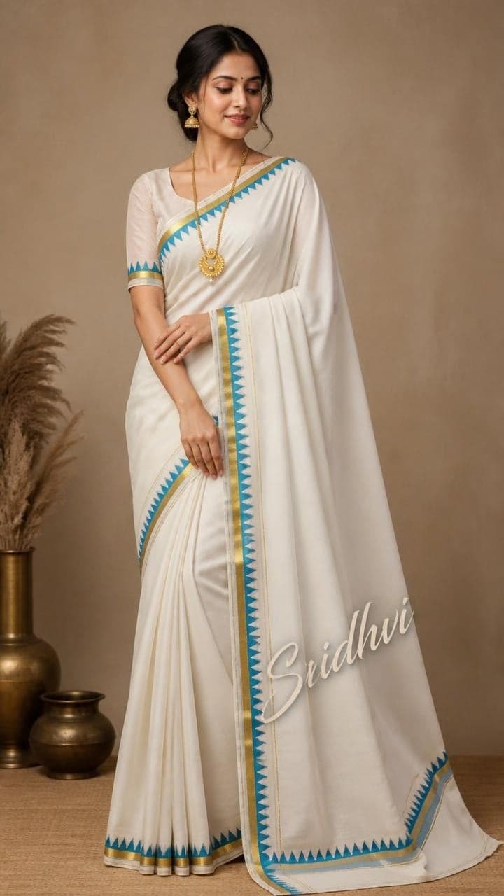 Woman in an ivory saree with teal and gold temple border