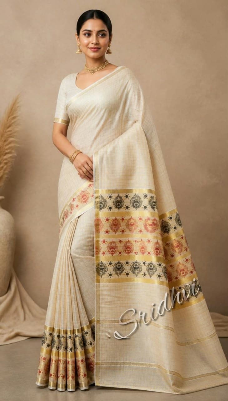 Woman in a cream saree with peacock and floral woven border